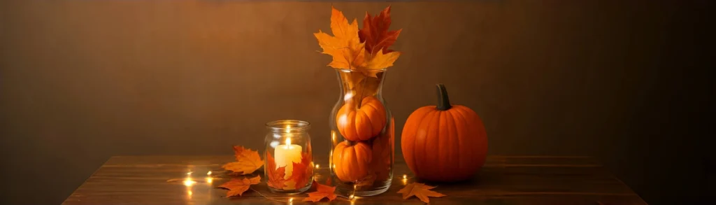 fall inspired glass vase with pumpkins & leaves – cozy autumn home décor